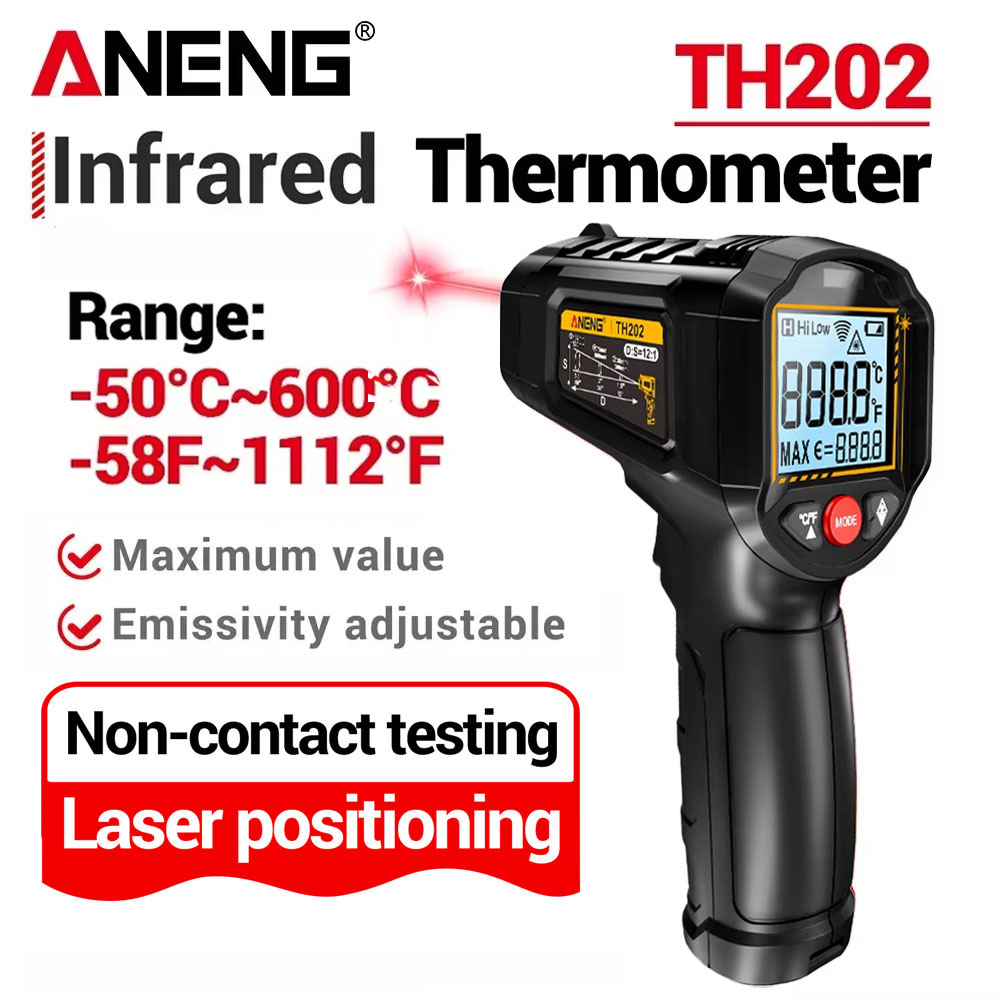 Industrial Laser Blaster - ANENG เครื่องวัดอุณหภูมิอินฟราเรดแบบไม่สัมผัส -50~600 ℃ เครื่องวัดอุณหภูมิแบบดิจิตอลเลเซอร์ TH202